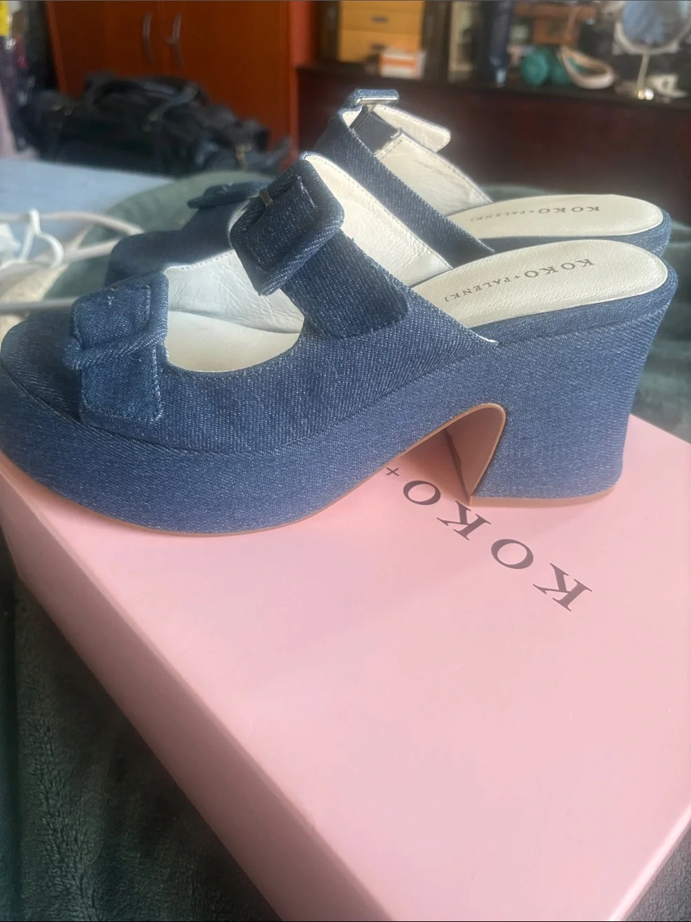 KOKO + PALENKI Downtown Denim Platform Heeled Sandals — Size 8